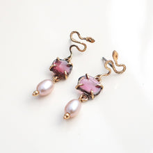 Load image into Gallery viewer, Tourmaline and pearl viper earrings
